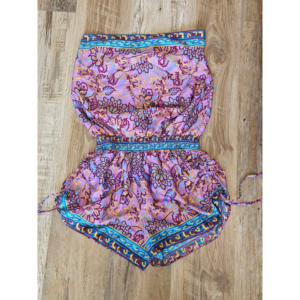 Earthbound Trading Co Purple Paisley Floral Strapless Boho Romper Smocked Waist
